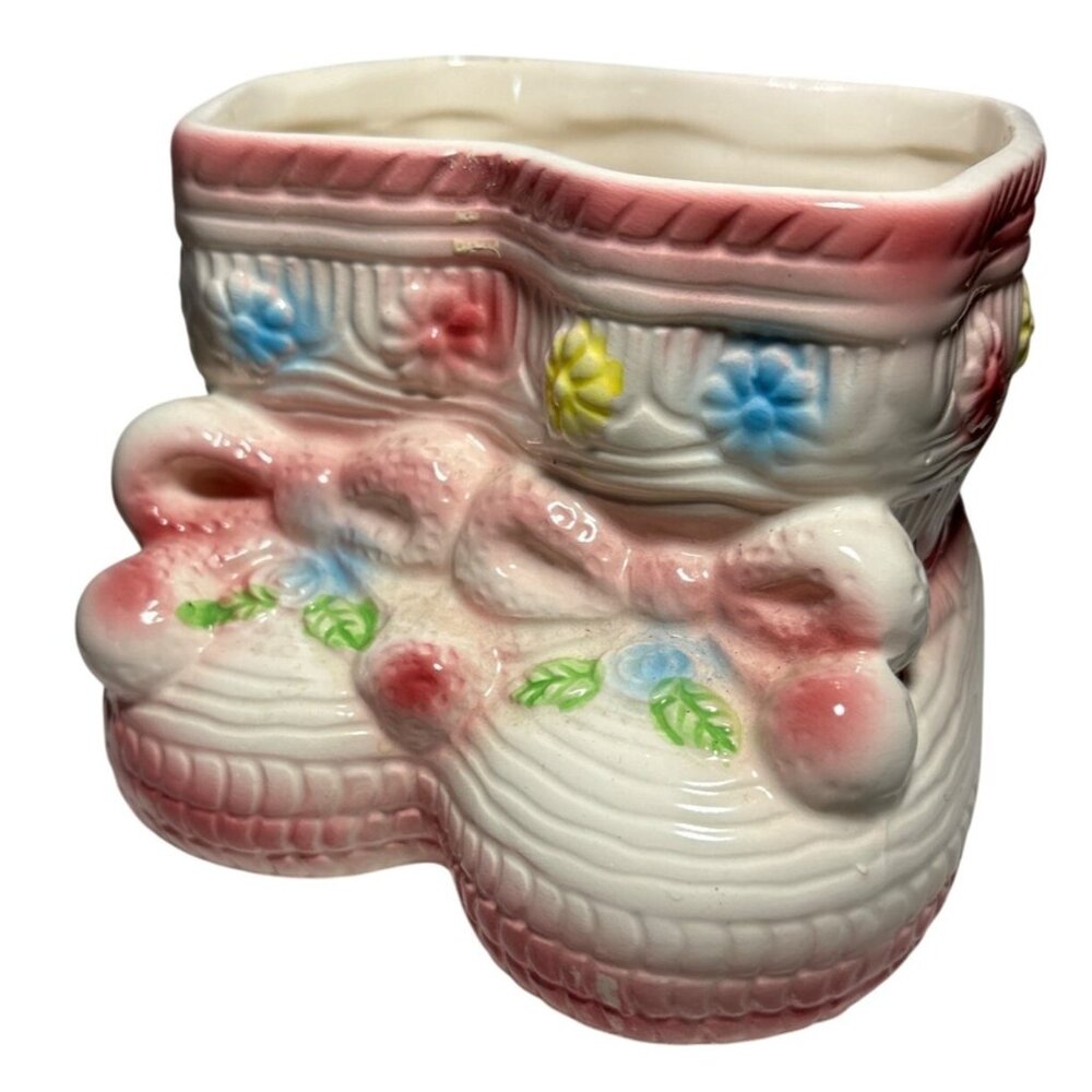 Rubens Ceramic Baby Bootie Planter Pink White Floral Made In Japan Vintage